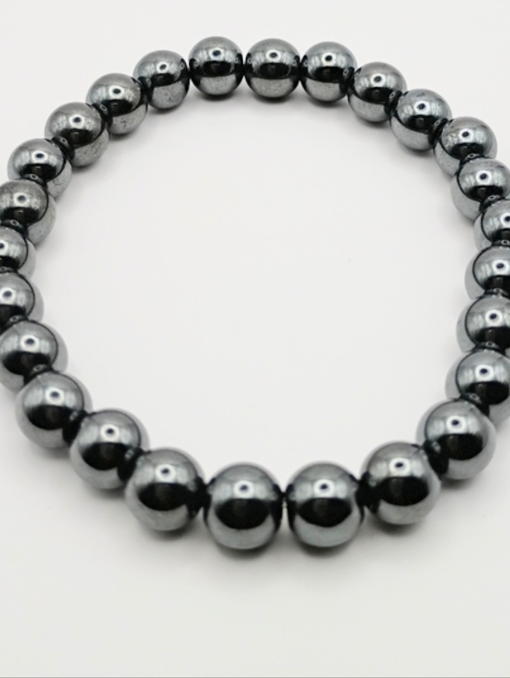 Mens Black Hematite Beaded Bracelet 7" Stretch Polished Stone Stack